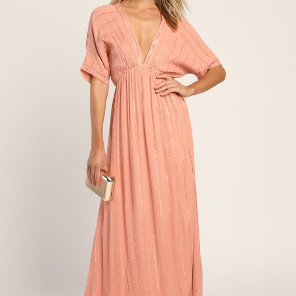 Lulus Goddess Vibes Rusty Rose Gold Striped Dolman Sleeve Maxi Dress Pink